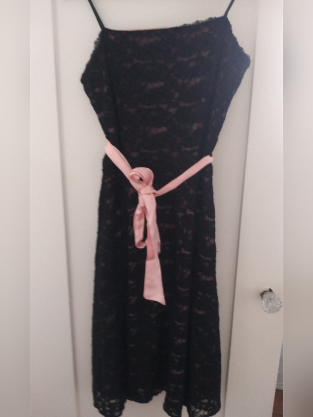 Vintage Black Lace Spaghetti Strap Dress w/ Pink Ribbon Belt – Size M